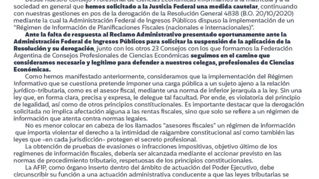 Consejos Profesionales de Ciencias Económicas de todo el país piden la derogación de la RG 4838 de AFIP