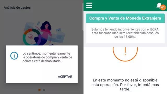 Las leyendas en las apps de Macro, Bancor y Galicia.