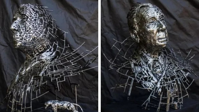 “Borges en su Laberinto”. Dimensiones: 50 cm x 50 cm x 40 cm. Año: 2018.