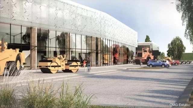 Una vista aérea de Polo 52 con el zócalo comercial y corporativo al ingreso del predio.