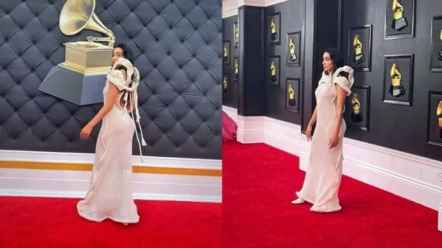 María Becerra posó en la alfombra roja de los Grammys con un vestido de origen chaqueño