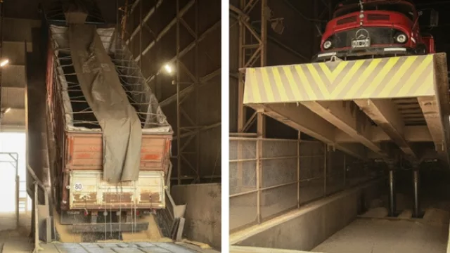 Un sistema de pistones eleva a cada uno de los camiones y en pocos minutos se realiza la descarga.