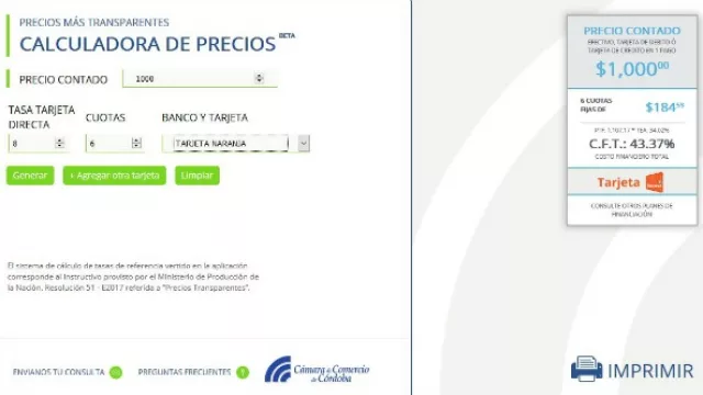 El ejemplo para un producto de $1.000 de contado financiado en 6 cuotas con Tarjeta Naranja.