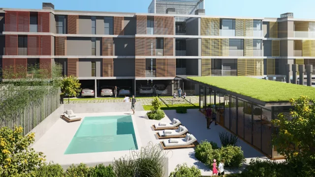 El complejo cuenta con piscina, SUM y espacios verdes