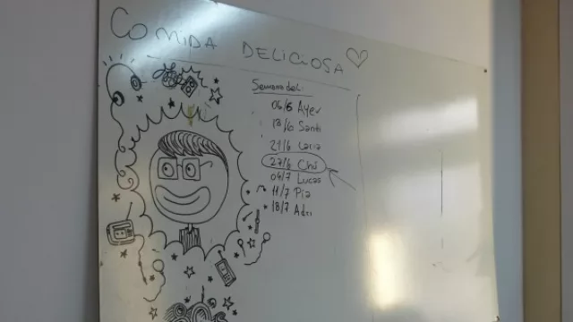 Konitio: Pizarra donde asignan los días para que cada uno lleve comida casera para el equipo.