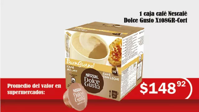 1 cajas café Nescafé Dolce Gusto X108GR-Cortado- 16 unidades: de $79.64 a $148.93 = 87.01% entre mayo 2014 y mayo 2016.