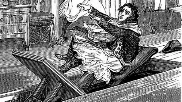 Una ilustración de periódico del sistema de silla original del asesino serial.
