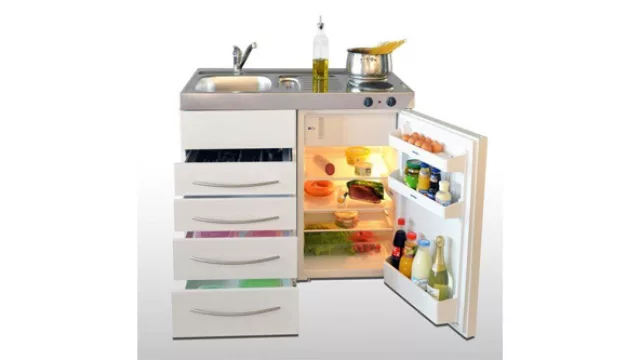 Heladera, cocina, fregadero y alacena en un mismo lugar.