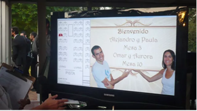 Llegás a la fiesta, un monitor te da la bienvenida y te indica en qué mesa ubicarte