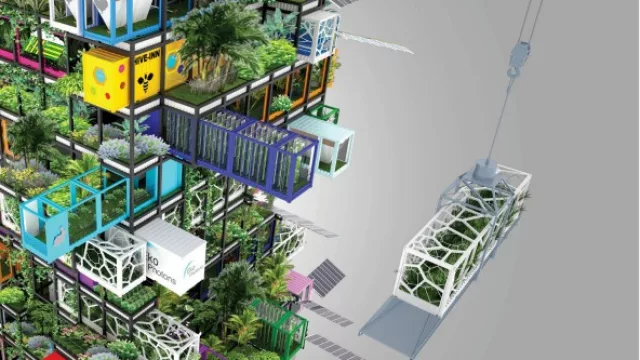 El Hive Inn City Farm con containers móviles. 