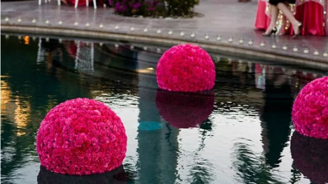 Bolas flotantes de telgopor con flores incrustadas.