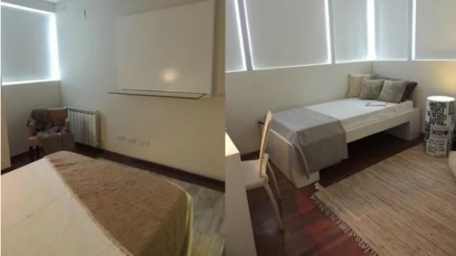 La habitación con camas individuales son ideales para huéspedes o para jóvenes. Claro, con ventanas amplias para no desperdiciar la panorámica.