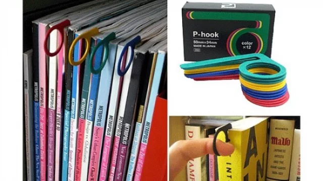 Para sacar con más facilidad los libros de la biblioteca existe P-Hook. De plástico resistente y en varios colores. 