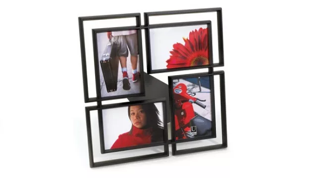 ¿Cuántos rectángulos hay? El marco juega con la superposición de líneas formando un cuadrado pero con capacidad para cuatro fotos. (Disponible Umbra)