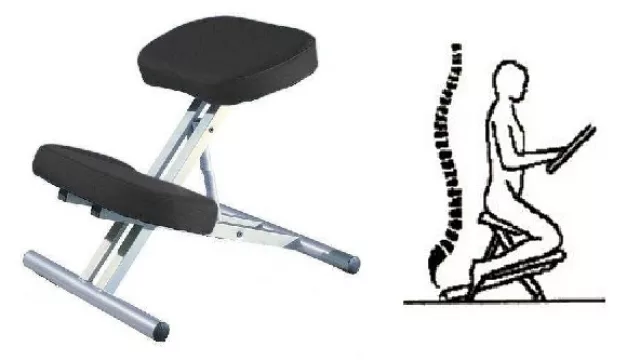 Silla ergonómica correctora postural. Sin respaldo y apoya rodillas para obligar que la columna quede erguida. Disponible en MercadoLibre a $ 800.