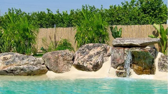 Pueden agregarse rocas y plantas para intensificar la sensación de naturalidad en las piletas.