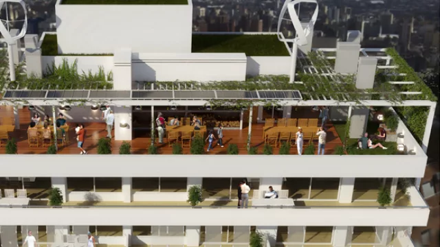 La terraza tendrá un espacio para dejar crecer pasto natural y así guardar coherencia con la vegetación que recorre la estructura en general.