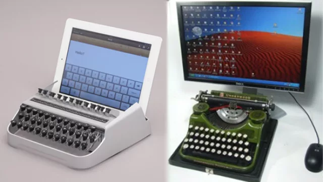 Para los que extrañan la máquina de excribir tienen -a la izquierda- el  “iTypewriter” (By Austin Yang) y se consigue en algunos portales de venta online.  A la derecha, otro formato pero para instalar en PCs.