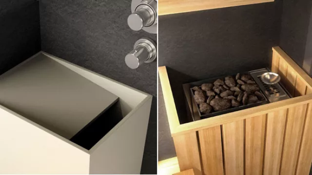 En el sauna seco el totem de madera con las piedras calientes libera las calorías y humedad. En el hammam, la vaporera libera vapor y agua que incrementa la humedad.