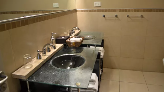 Las bachas de vidrio creadas por Cristina Gorordo. La obra del hotel estuvo a cargo del arquitecto Armando Bizio y la decoración de Sofia Camps.