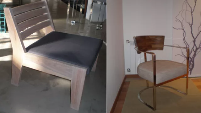 “Kutral” una poltrona baja realizada en madera de incienso ($2.898 + tela) y “Morgan” muy vanguardista con respaldo de piezas de madera compensada.