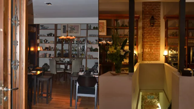 Obras de Mayté Saine, Magaldi, Titi Escalante de la colección privada de Galán. La escalera recorta el muro de fondo y conduce a la zona de cocina y pastelería.