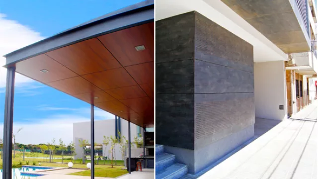 El Platten es versátil y se somete al diseño. Es posible jerarquizar el ingreso a un inmueble con un “cielo” de madera y luminarias embutidas.