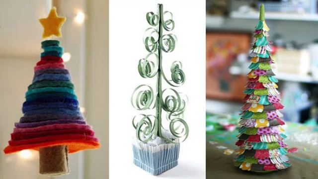 Tres pinitos fáciles de escritorio, de felpas circulares, otro de ramas de alambre y cartulina y el tercero de washi tape.