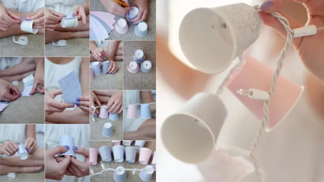 Guirnalda de luces, con vasitos de cartulina, para darle más color.