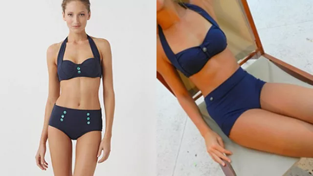 Dos opciones similares, estilos pin up o Marilyn, con trusa alta y corpiño armado escote halter.