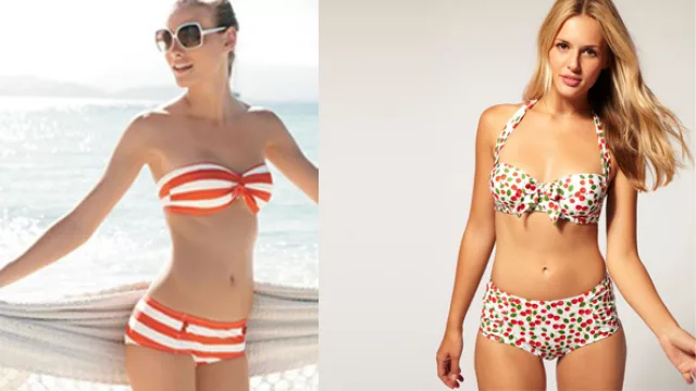 bikinis estilo pin up y bando,  una a rayas  la otra a lunares.