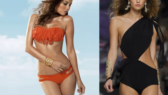 1º Bando naranja con flecos y vedetina con recortes; 2º enteriza en tela  semi-pandex con drapeados y lazos.