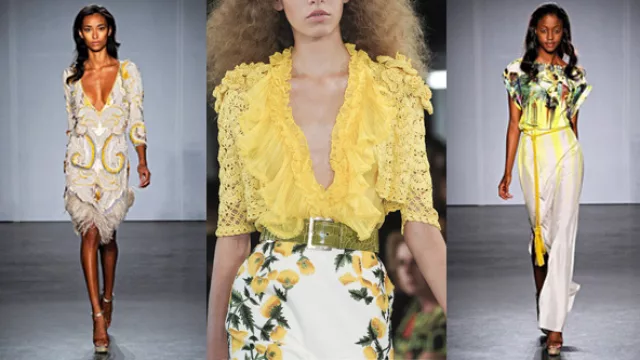 Opciones en combinación con amarillo, el color de esta temporada para trajes y vestidos de fiesta.