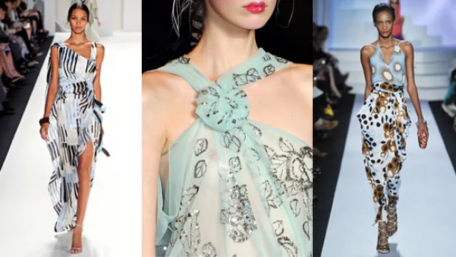 Vestidos con cortes geométricos y un dos piezas en combinación de distintos estampados.