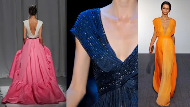 Un dos piezas espectacular en tiza y rosa chicle, con falda princesa; un azul marino con escote caído en pliegues y bordado y uno con escote profundo en naranja neón.