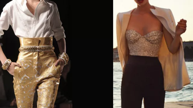 Dos piezas para temporada otoñal: pantalón cuero dorado y blusa blanca de Dior y uno strapless íntegramente bordado con pantalón negro y casaca blanca.