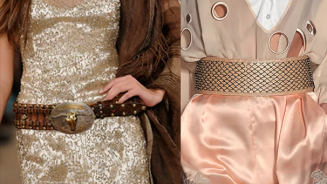 Cinturones a la cadera y a la cintura, cortando un poco el brillo extremo de las telas.