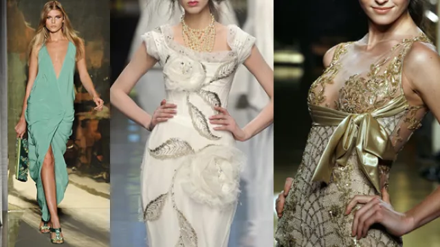 Vestido turquesa corte portafolio con escote profundo; vestido blanco con detalles de flores aplicadas; un modelo completamente bordado en dorado.