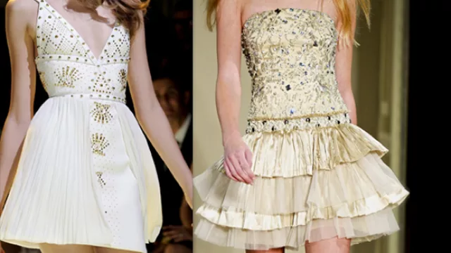 Dos modelos cortos, blanco y amarillo pastel, bordados en dorado.