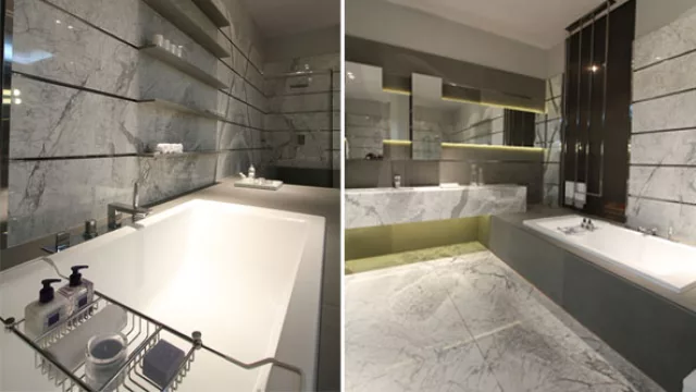 Las  piezas de mármol, de morfología rectangular con buñas de acero remarcan las líneas horizontales y contienen  delgados estantes embutidos.