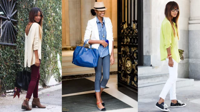 Sobre pitillos bordó un sweaters XL que cierra por detrás; blazer blanco sobre camisa de jeans y sombrero bombee; camisa verde limón, y zapatillas con pitillo blanco.
