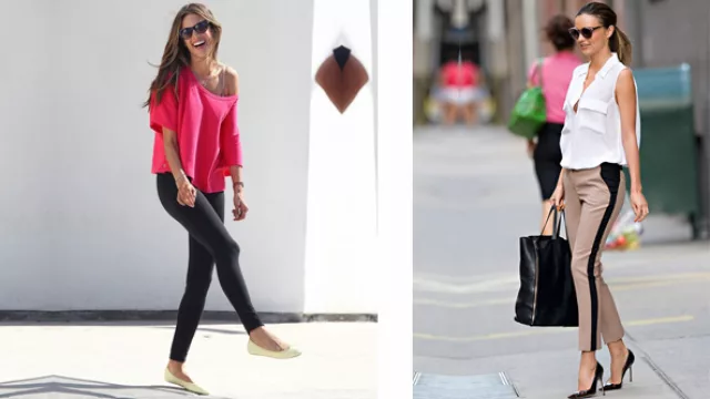 Llevá las calzas con bailarinas doradas y un remerón escote caído; al pantalón de sastre beige, buscalo con galón al costado que termine adentro del bolsillo.