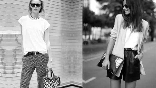 El pantalón, buscalo con tiro medio y con cortes bajos y anchos a la cadera; a la remera blanca en vez de falda de traje, una bermuda pinzada negra.