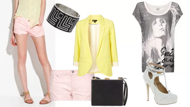 Short de jeans en rosa pastel. Opción día con chatitas, opción noche con tacones y blazer. 