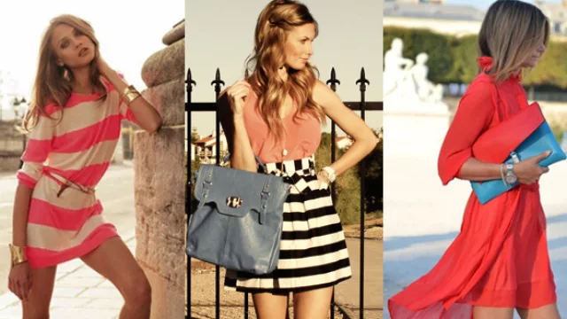 Tres opciones con mucho color: coral y beige a rayas;  dos piezas de musculosa de gasa y falda cintura alta; otro en gasa roja con sobre capas.