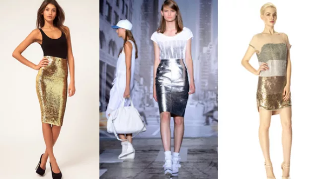 Algo de brillo glitter, opciones en dos piezas, faldas lápiz con musculosa y remeron DKNY; otra en vestido con rayas bordadas, de distintas tonalidades de brillos.