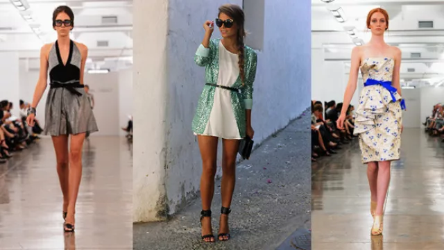 Opción en tono de grises  y negros con escote halter; Túnica blanca con saquito con pailletes, el 3º: strapless con moldería con volúmenes.