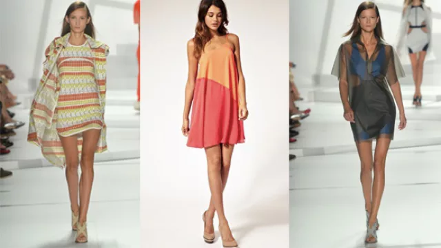 1º:  estampados étnicos, 2º: solero en composse de naranja y coral; 3º: vestido de tafetán en azul Francia, con sobrevestido transparente de organza.