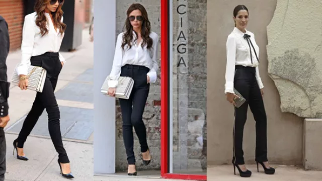 V.Beckham  con una propuesta en pantalón de gabardina tiro alto pinzado, y otra que presento Valenciaga, con galones a los costados en plateado.