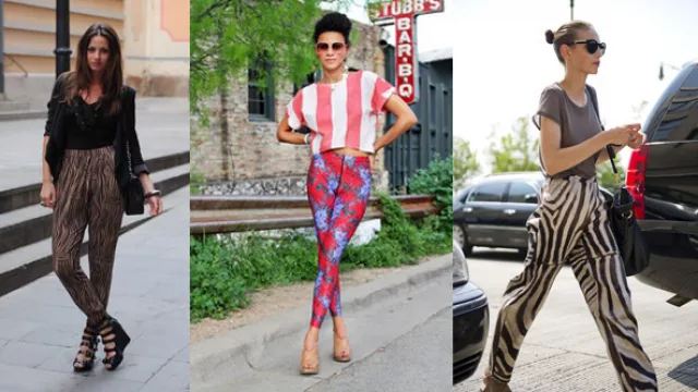 Propuestas en estampado, dos animal print con moldería suelta y tiro alto largo,  y el tercero skinny,  en tonos floreados muy llamativos y contrastantes.